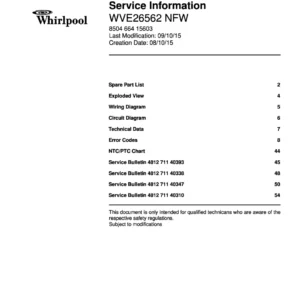 Whirlpool wve26562 nfw service manual cover with model code, manual contents and publication date