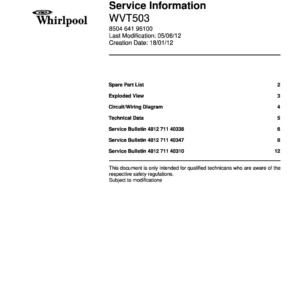 Whirlpool wvt503 service manual cover with model code, manual contents and publication date