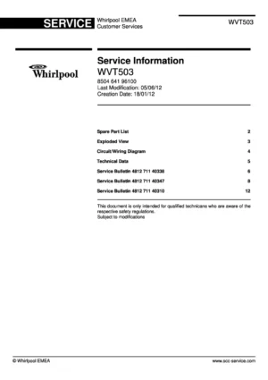 Whirlpool wvt503 service manual cover with model code, manual contents and publication date