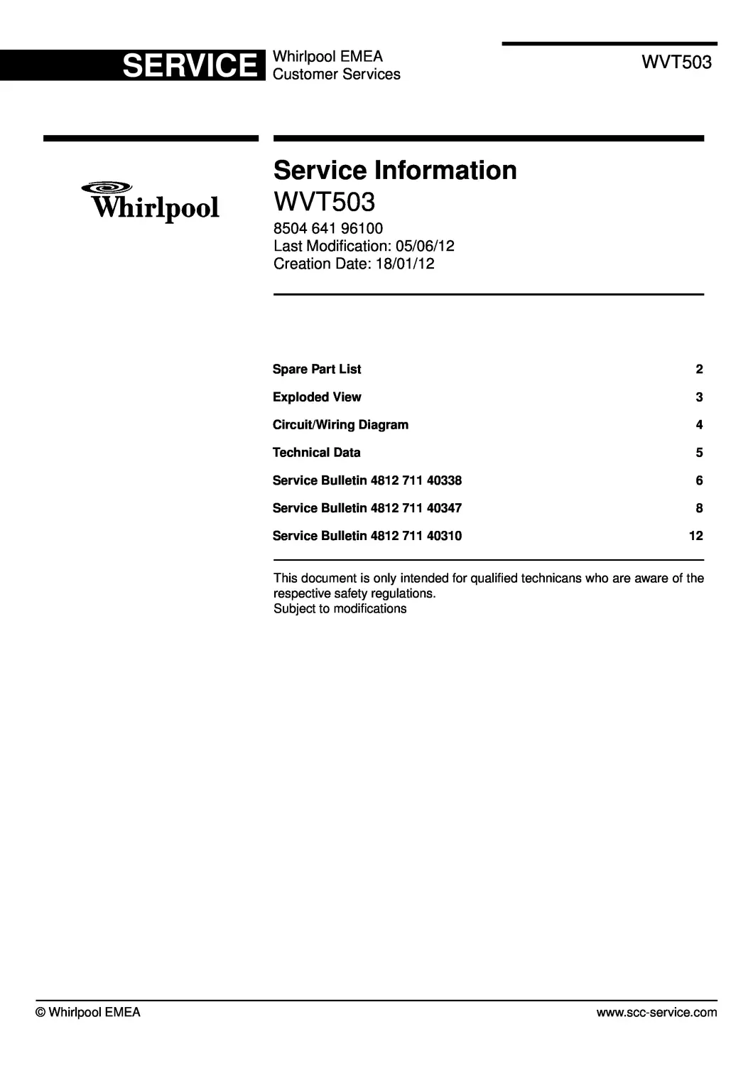 Whirlpool wvt503 service manual cover with model code, manual contents and publication date