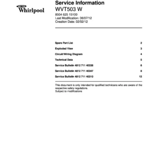 Whirlpool wvt503 w service manual cover with model code, manual contents and publication date