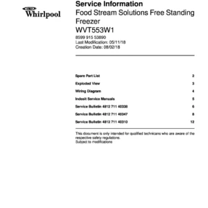 Whirlpool wvt553 w1 service manual cover with model code, manual contents and publication date