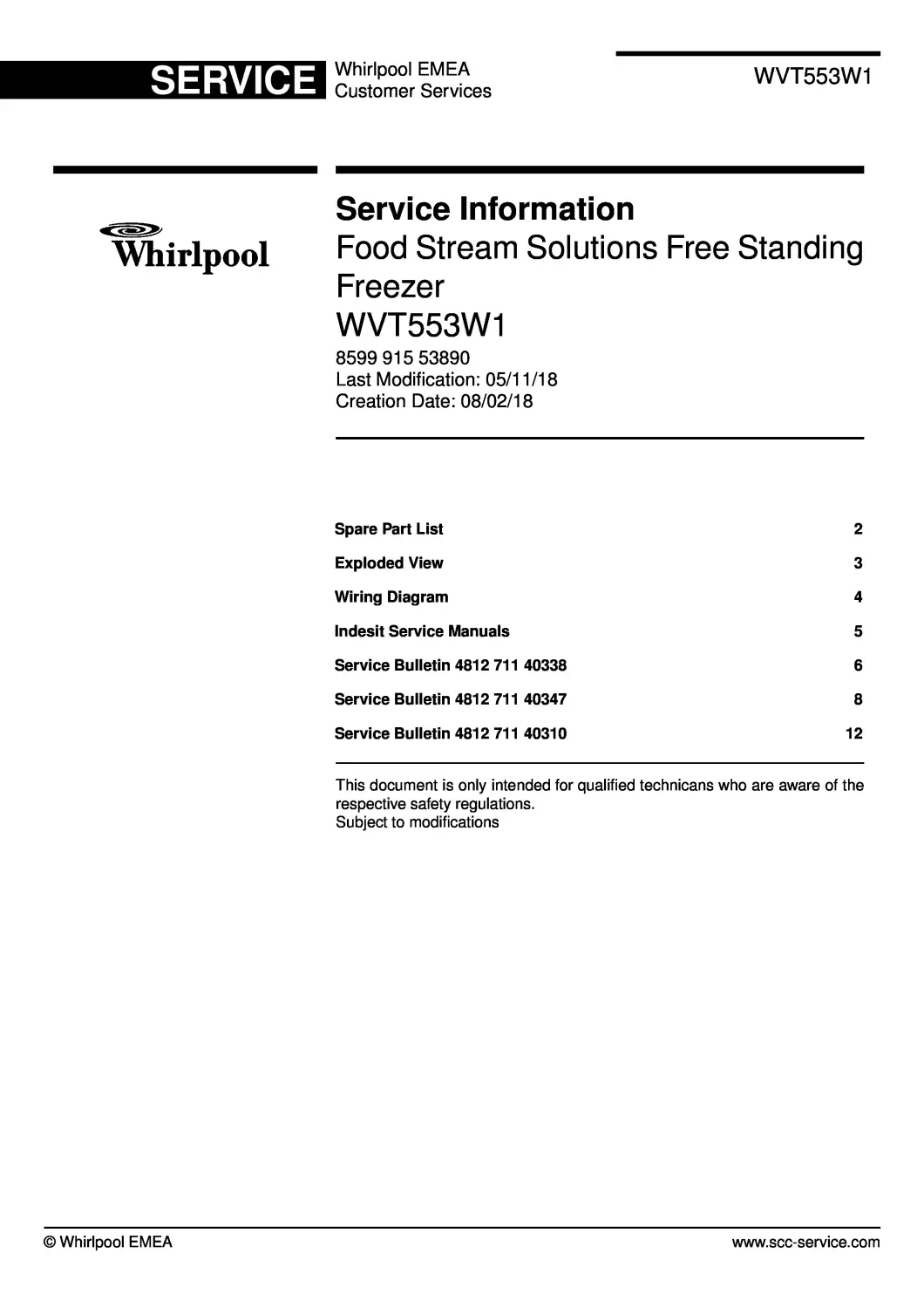 Whirlpool wvt553 w1 service manual cover with model code, manual contents and publication date