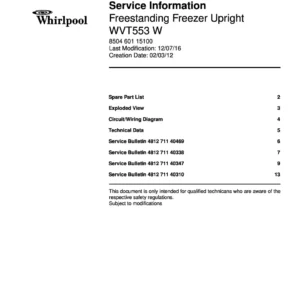 Whirlpool wvt553 wt service manual cover with model code, manual contents and publication date