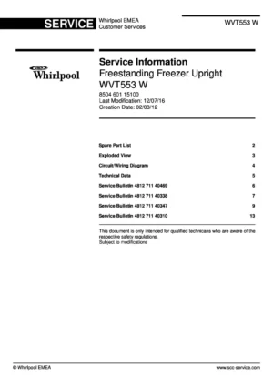 Whirlpool wvt553 wt service manual cover with model code, manual contents and publication date