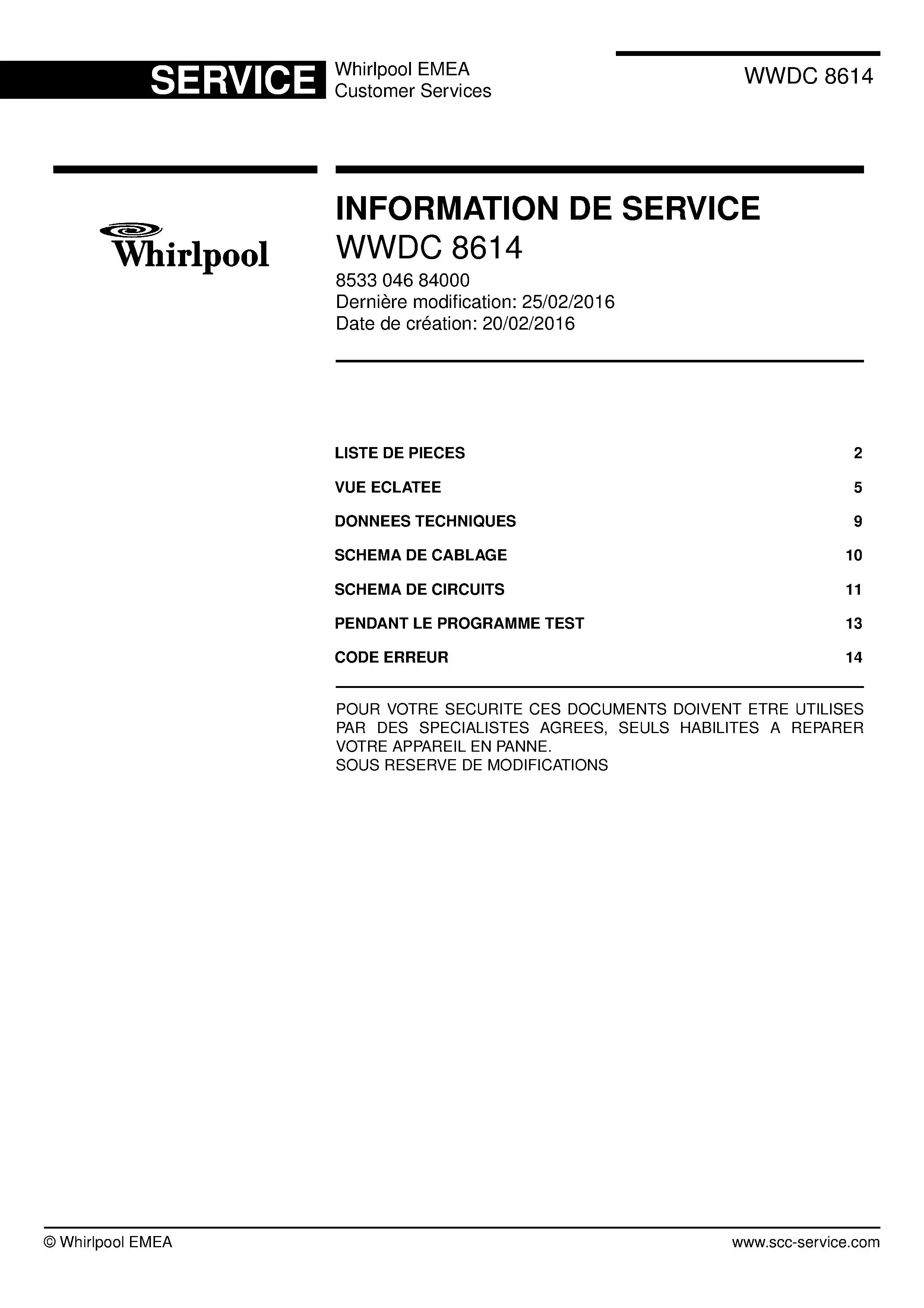 Whirlpool wwdc 8614 couverture du manuel d entretien Whirlpool logo, Whirlpool EMEA customer service, model type, publication date, document number and service manual contents