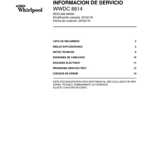 Whirlpool wwdc 8614 portada del manual de servicio Whirlpool logo, Whirlpool EMEA customer service, model type, publication date, document number and service manual contents