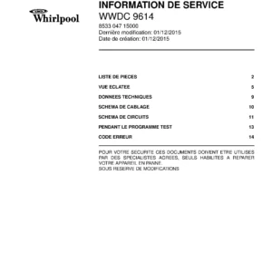 Whirlpool wwdc 9614 couverture du manuel d entretien Whirlpool logo, Whirlpool EMEA customer service, model type, publication date, document number and service manual contents