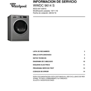 Whirlpool wwdc 9614 s portada del manual de servicio Whirlpool logo, Whirlpool EMEA customer service, model type, publication date, document number and service manual contents