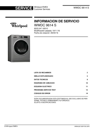 Whirlpool wwdc 9614 s portada del manual de servicio Whirlpool logo, Whirlpool EMEA customer service, model type, publication date, document number and service manual contents