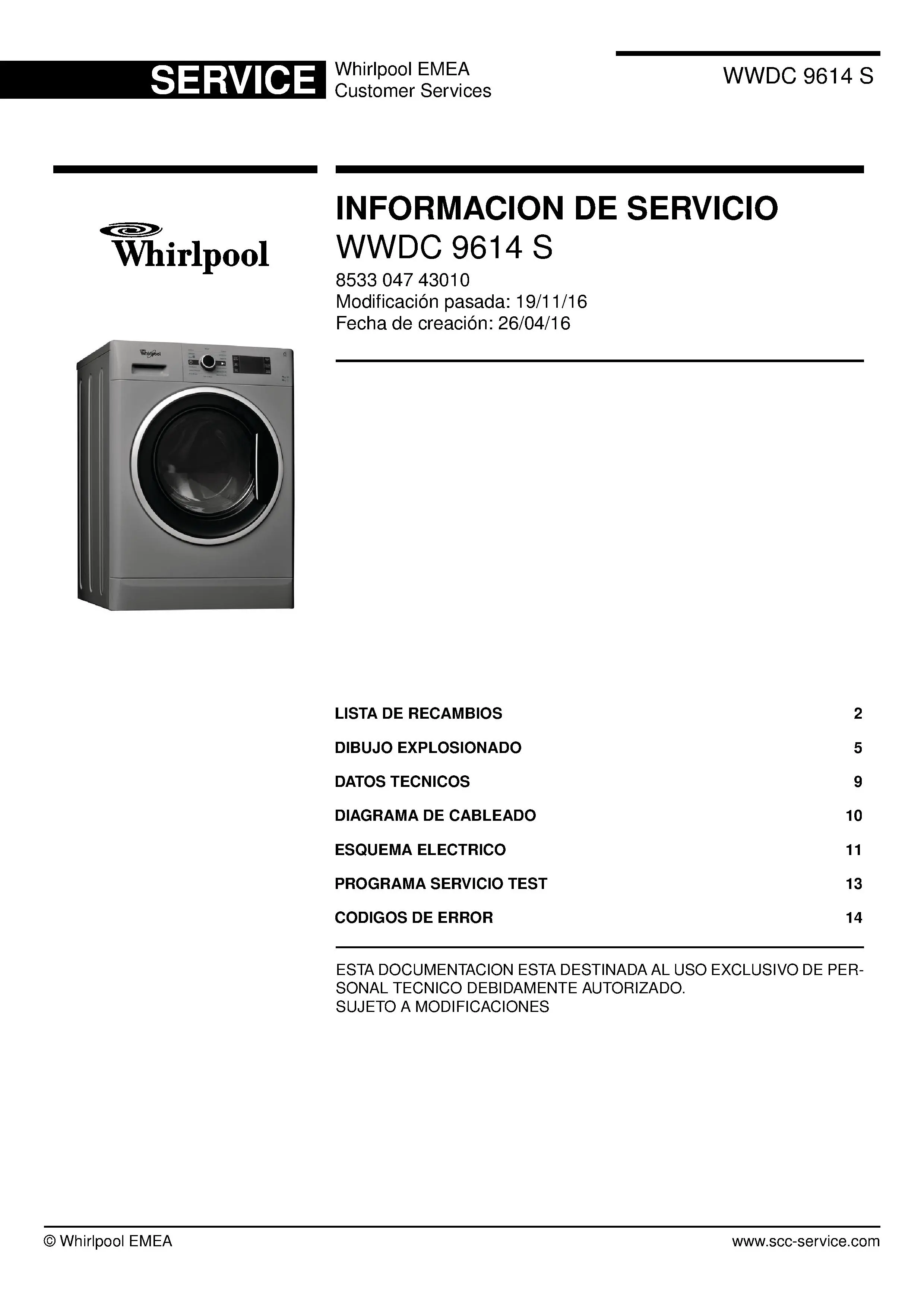 Whirlpool wwdc 9614 s portada del manual de servicio Whirlpool logo, Whirlpool EMEA customer service, model type, publication date, document number and service manual contents