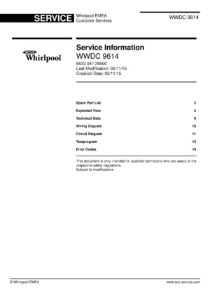 Whirlpool wwdc 9614 service manual cover Whirlpool logo, Whirlpool EMEA customer service, model type, publication date, document number and service manual contents