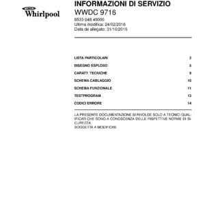 Whirlpool wwdc 9716 copertina del manuale di servizio Whirlpool logo, Whirlpool EMEA customer service, model type, publication date, document number and service manual contents