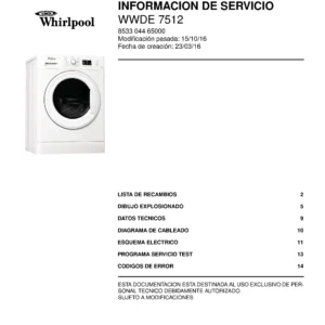 Whirlpool wwde 7512 portada del manual de servicio Whirlpool logo, Whirlpool EMEA customer service, model type, publication date, document number and service manual contents