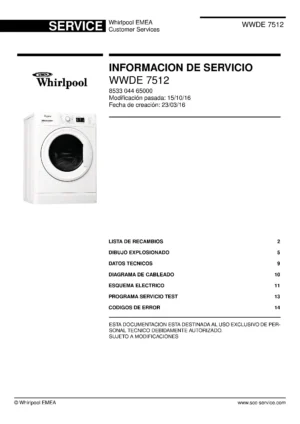 Whirlpool wwde 7512 portada del manual de servicio Whirlpool logo, Whirlpool EMEA customer service, model type, publication date, document number and service manual contents