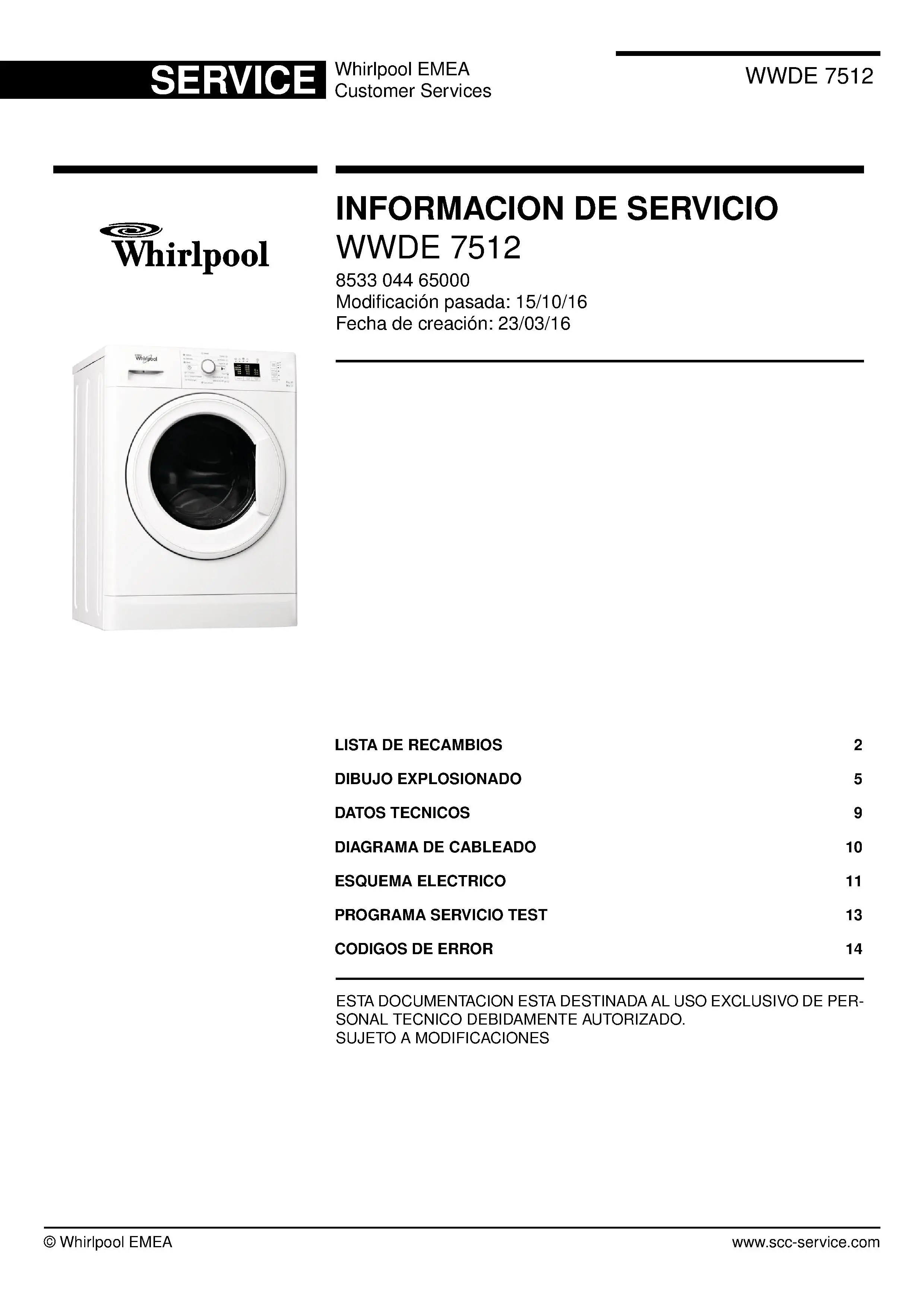 Whirlpool wwde 7512 portada del manual de servicio Whirlpool logo, Whirlpool EMEA customer service, model type, publication date, document number and service manual contents
