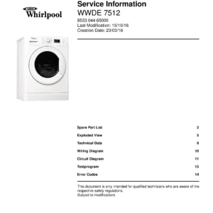 Whirlpool wwde 7512 service manual cover Whirlpool logo, photo of the washer, Whirlpool EMEA customer service, model type, publication date, document number and service manual contents