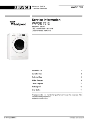 Whirlpool wwde 7512 service manual cover Whirlpool logo, photo of the washer, Whirlpool EMEA customer service, model type, publication date, document number and service manual contents