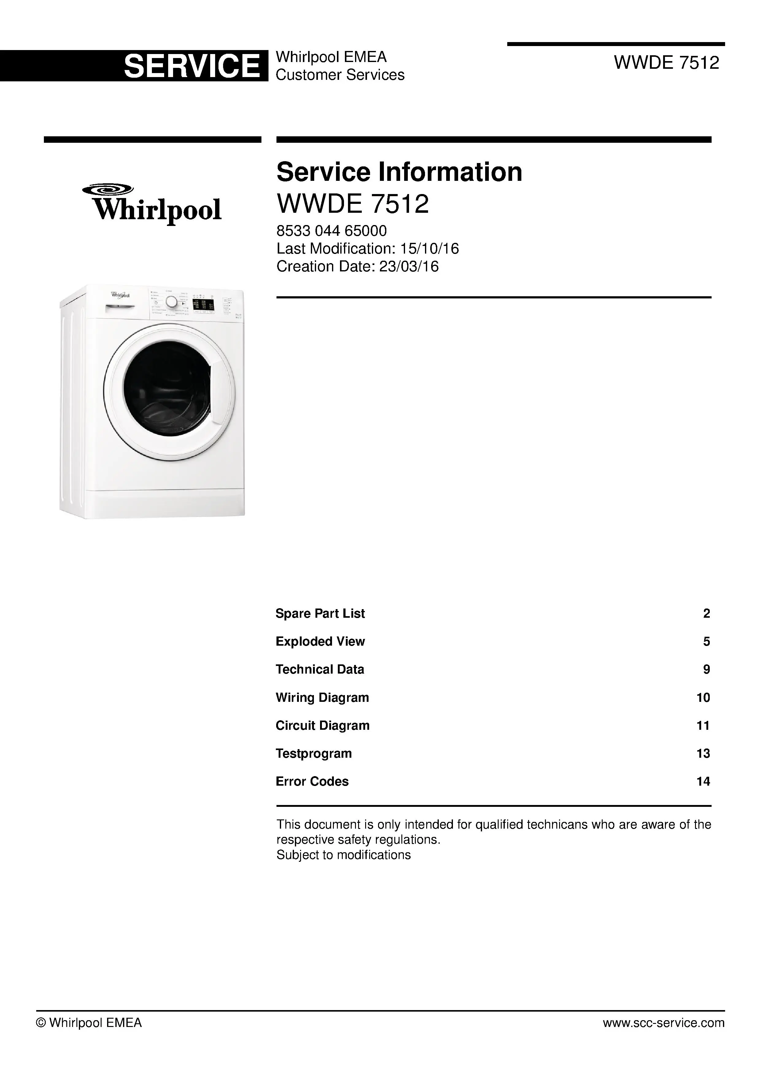 Whirlpool wwde 7512 service manual cover Whirlpool logo, photo of the washer, Whirlpool EMEA customer service, model type, publication date, document number and service manual contents