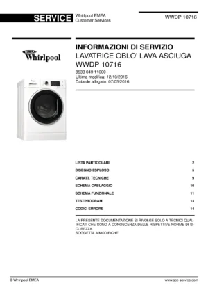 Whirlpool wwdp 10716 copertina del manuale di servizio Whirlpool logo, Whirlpool EMEA customer service, model type, publication date, document number and service manual contents