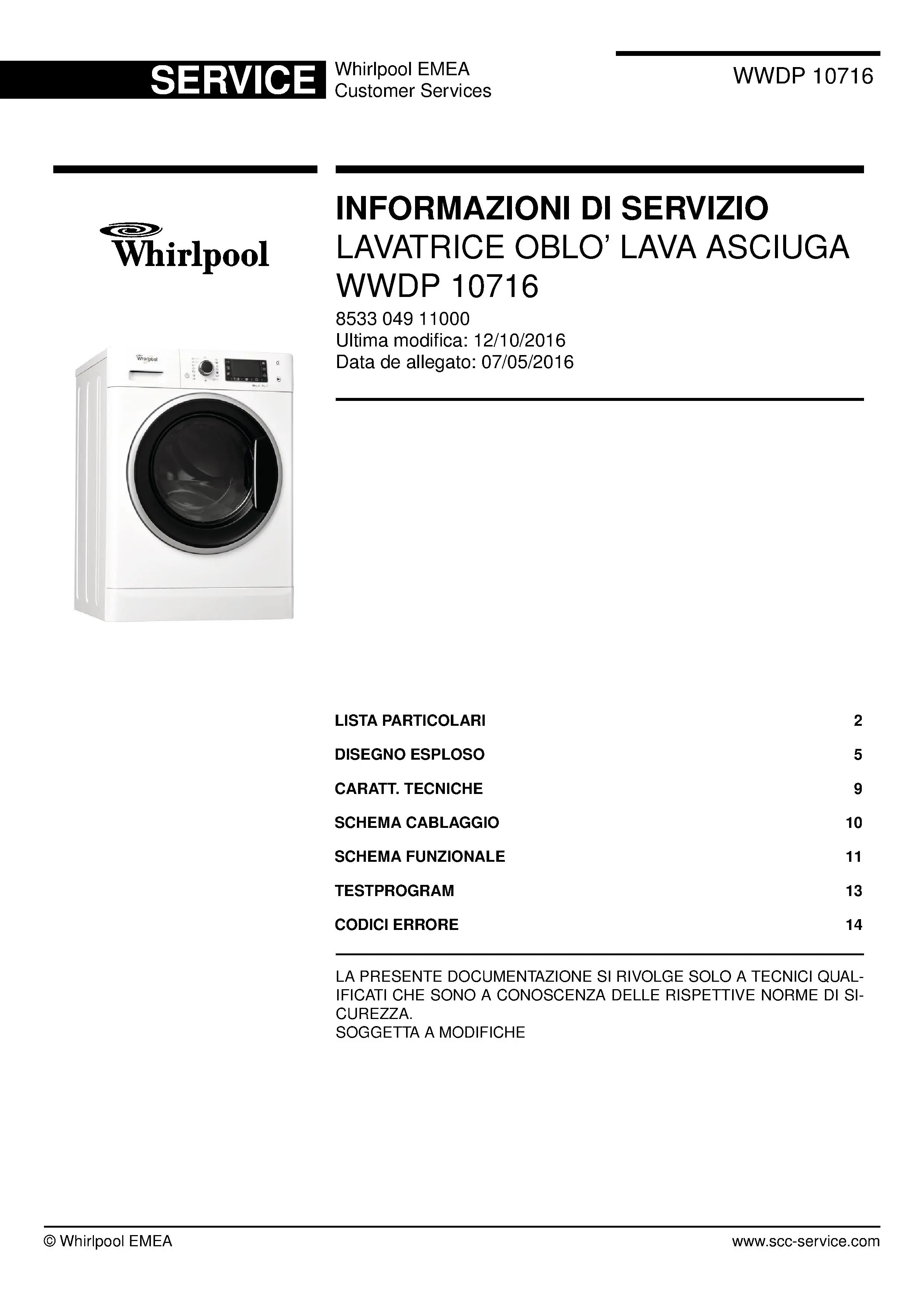 Whirlpool wwdp 10716 copertina del manuale di servizio Whirlpool logo, Whirlpool EMEA customer service, model type, publication date, document number and service manual contents