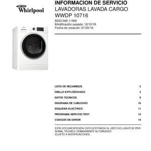 Whirlpool wwdp 10716 portada del manual de servicio Whirlpool logo, Whirlpool EMEA customer service, model type, publication date, document number and service manual contents