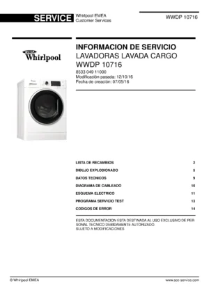 Whirlpool wwdp 10716 portada del manual de servicio Whirlpool logo, Whirlpool EMEA customer service, model type, publication date, document number and service manual contents