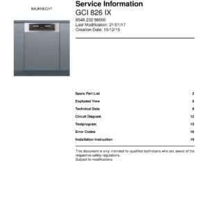 Bauknecht gci 826 ix (21) service manual integrated dishwasher showing service information and table of contents with spare parts list, exploded view, circuit diagram, program chart, test program, error codes, and service bulletins.