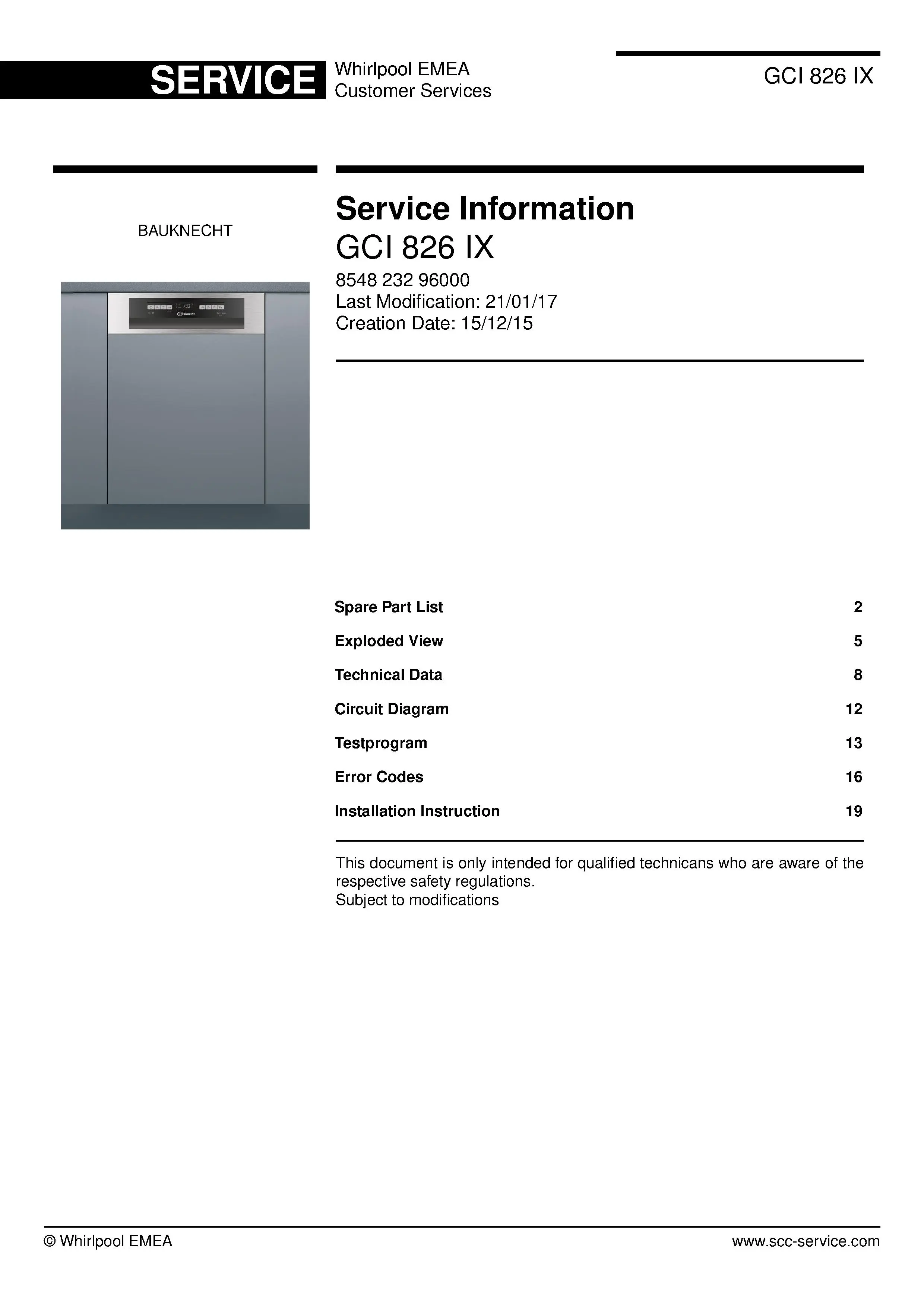 Bauknecht gci 826 ix (21) service manual integrated dishwasher showing service information and table of contents with spare parts list, exploded view, circuit diagram, program chart, test program, error codes, and service bulletins.