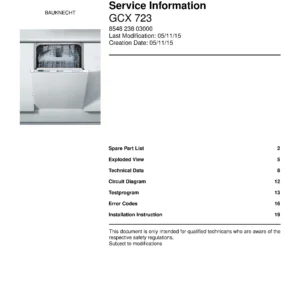 Bauknecht gcx 723 (21) service manual integrated dishwasher showing service information and table of contents with spare parts list, exploded view, circuit diagram, program chart, test program, error codes, and service bulletins.