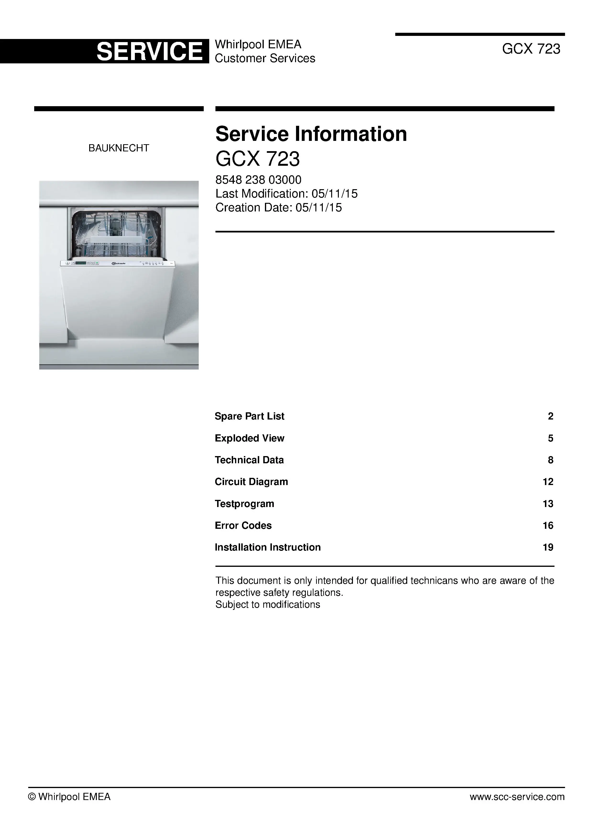 Bauknecht gcx 723 (21) service manual integrated dishwasher showing service information and table of contents with spare parts list, exploded view, circuit diagram, program chart, test program, error codes, and service bulletins.