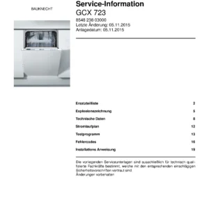 Bauknecht gcx 723 deutsch (21) service manual integrated dishwasher showing service information and table of contents with spare parts list, exploded view, circuit diagram, program chart, test program, error codes, and service bulletins.