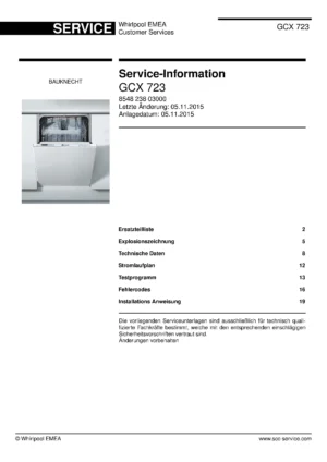 Bauknecht gcx 723 deutsch (21) service manual integrated dishwasher showing service information and table of contents with spare parts list, exploded view, circuit diagram, program chart, test program, error codes, and service bulletins.
