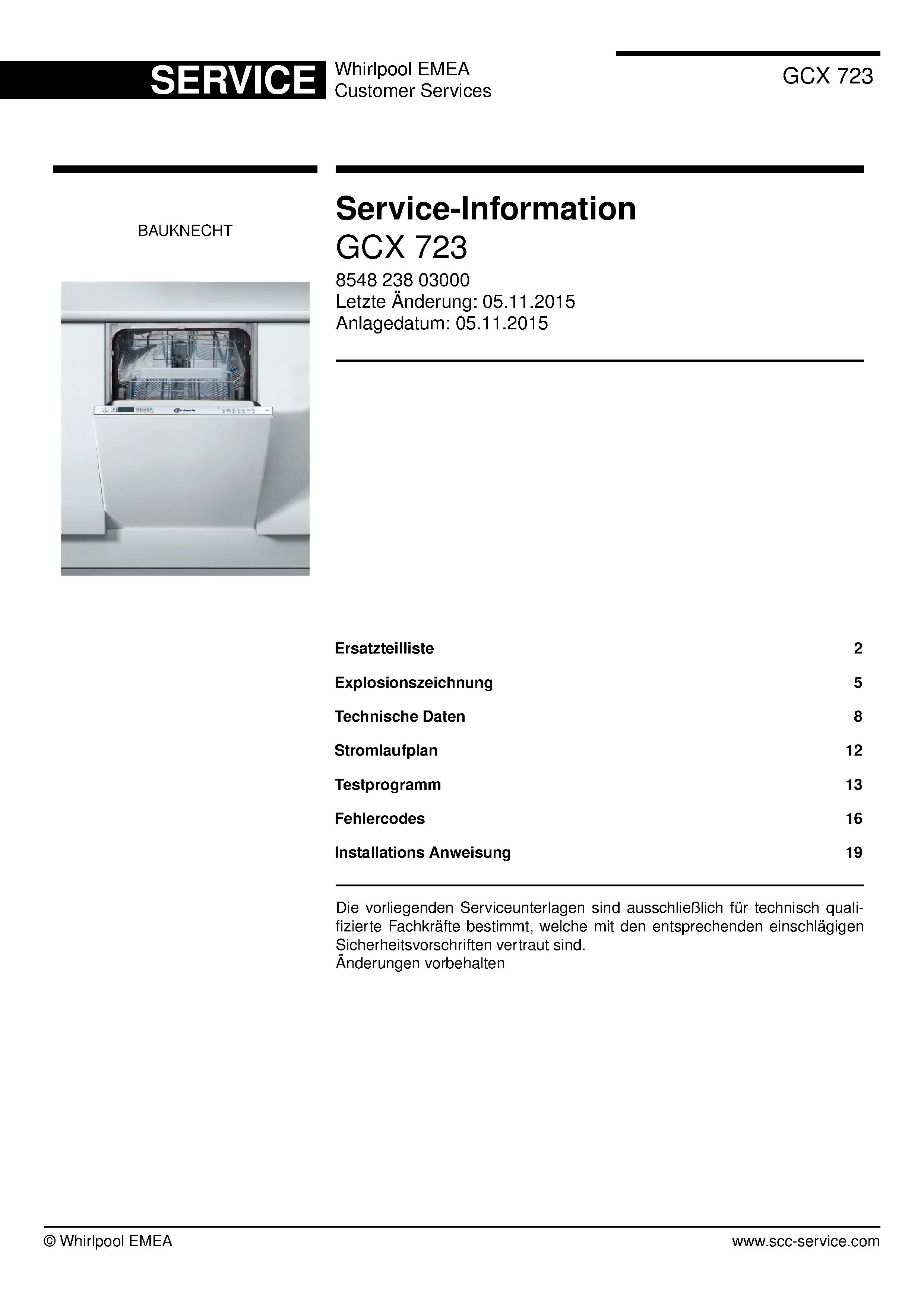 Bauknecht gcx 723 deutsch (21) service manual integrated dishwasher showing service information and table of contents with spare parts list, exploded view, circuit diagram, program chart, test program, error codes, and service bulletins.