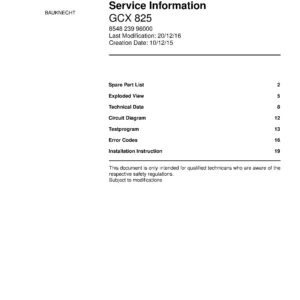 Bauknecht gcx 825 (21) service manual integrated dishwasher showing service information and table of contents with spare parts list, exploded view, circuit diagram, program chart, test program, error codes, and service bulletins.