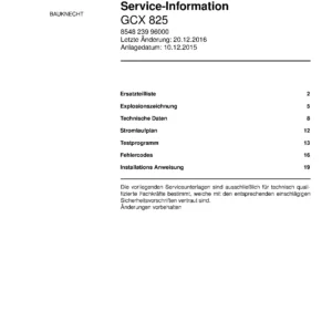 Bauknecht gcx 825 deutsch (21) service manual integrated dishwasher showing service information and table of contents with spare parts list, exploded view, circuit diagram, program chart, test program, error codes, and service bulletins.