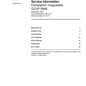 Bauknecht gcxp 5848 (22) service manual integrated dishwasher showing service information and table of contents with spare parts list, exploded view, circuit diagram, program chart, test program, error codes, and service bulletins.