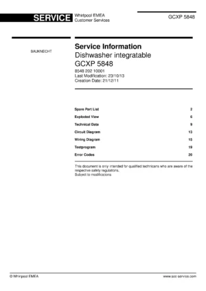 Bauknecht gcxp 5848 (22) service manual integrated dishwasher showing service information and table of contents with spare parts list, exploded view, circuit diagram, program chart, test program, error codes, and service bulletins.