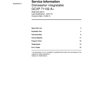 Bauknecht gcxp 71102 a (15) service manual integrated dishwasher showing service information and table of contents with spare parts list, exploded view, circuit diagram, program chart, test program, error codes, and service bulletins.