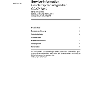 Bauknecht gcxp 7240 deutsch (16) service manual integrated dishwasher showing service information and table of contents with spare parts list, exploded view, circuit diagram, program chart, test program, error codes, and service bulletins.