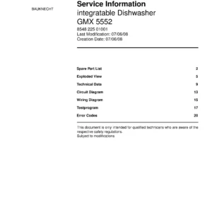 Bauknecht gmx 5552 (20) service manual integrated dishwasher showing service information and table of contents with spare parts list, exploded view, circuit diagram, program chart, test program, error codes, and service bulletins.