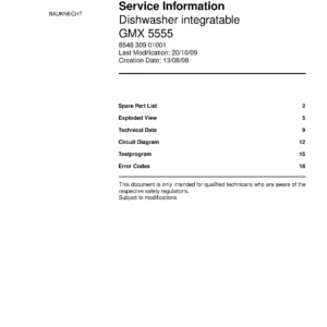 Bauknecht gmx 5555 (18) service manual integrated dishwasher showing service information and table of contents with spare parts list, exploded view, circuit diagram, program chart, test program, error codes, and service bulletins.