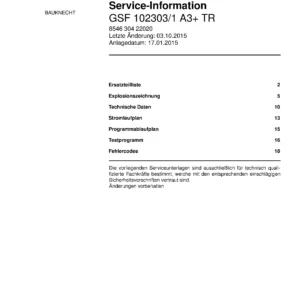 Bauknecht gsf 102303 1 a3 tr (deutsch) (22) service manual integrated dishwasher showing service information and table of contents with spare parts list, exploded view, circuit diagram, program chart, test program, error codes, and service bulletins.