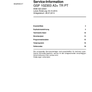 Bauknecht gsf 102303 a3 tr pt deutsch (22) service manual integrated dishwasher showing service information and table of contents with spare parts list, exploded view, circuit diagram, program chart, test program, error codes, and service bulletins.
