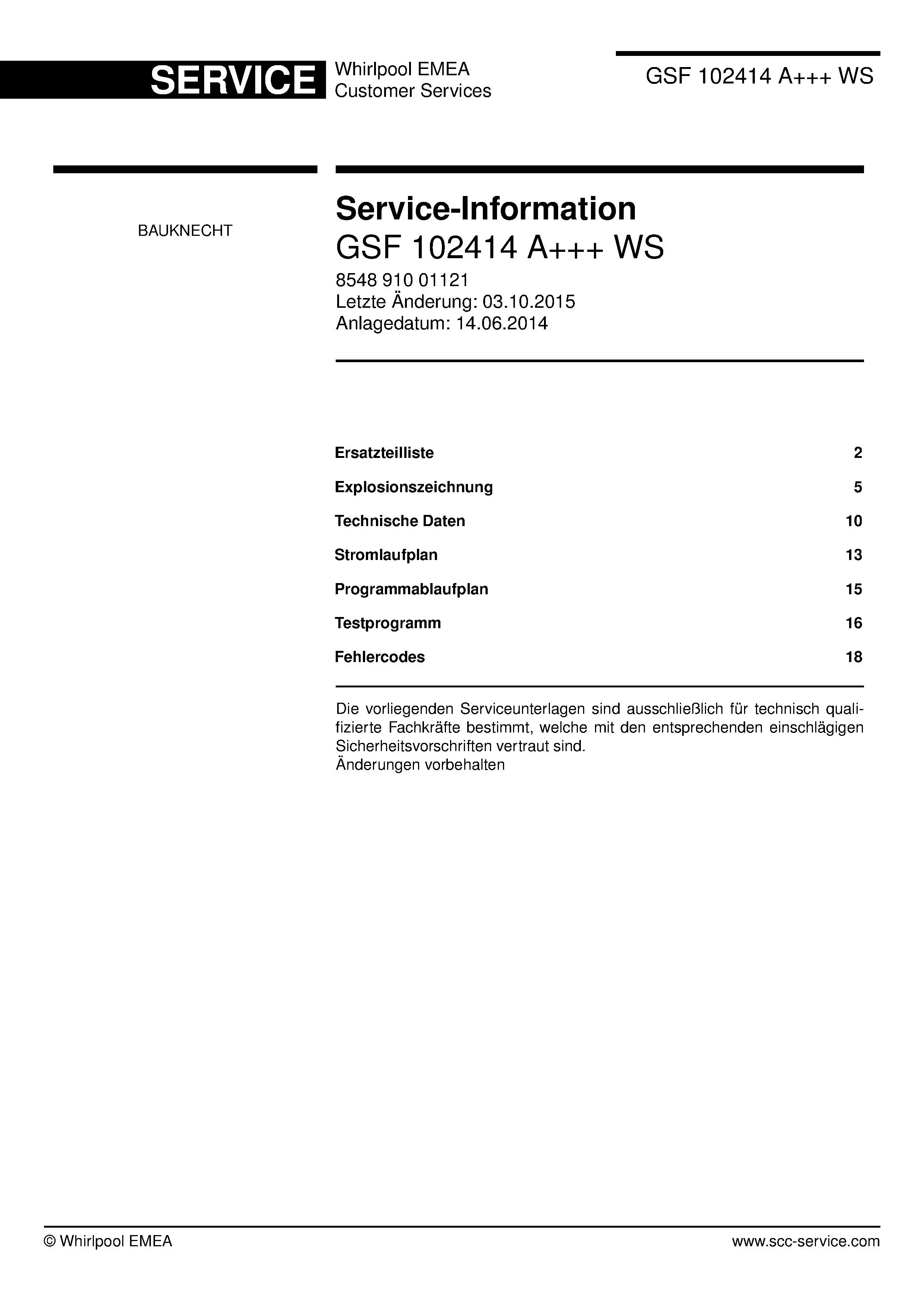 Bauknecht gsf 102414 a ws deutsch (22) service manual integrated dishwasher showing service information and table of contents with spare parts list, exploded view, circuit diagram, program chart, test program, error codes, and service bulletins.