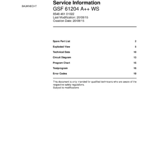 Bauknecht gsf 61204 a ws (23) service manual integrated dishwasher showing service information and table of contents with spare parts list, exploded view, circuit diagram, program chart, test program, error codes, and service bulletins.