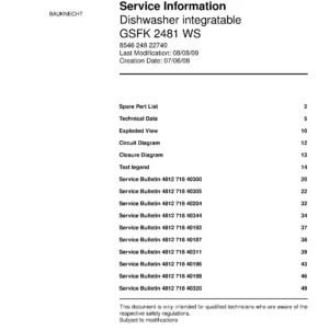 Bauknecht gsfk 2481 ws (51) service manual integrated dishwasher showing service information and table of contents with spare parts list, exploded view, circuit diagram, program chart, test program, error codes, and service bulletins.