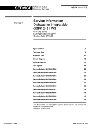 Bauknecht gsfk 2481 ws (51) service manual integrated dishwasher showing service information and table of contents with spare parts list, exploded view, circuit diagram, program chart, test program, error codes, and service bulletins.