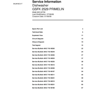 Bauknecht gsfk 2529 primelin (75) service manual integrated dishwasher showing service information and table of contents with spare parts list, exploded view, circuit diagram, program chart, test program, error codes, and service bulletins.