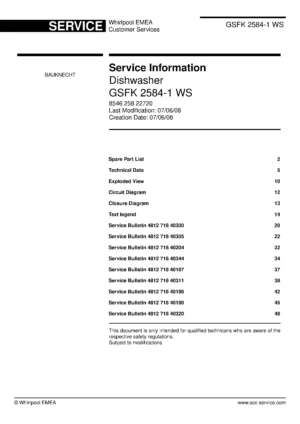Bauknecht gsfk 2584 1 ws (50) service manual integrated dishwasher showing service information and table of contents with spare parts list, exploded view, circuit diagram, program chart, test program, error codes, and service bulletins.